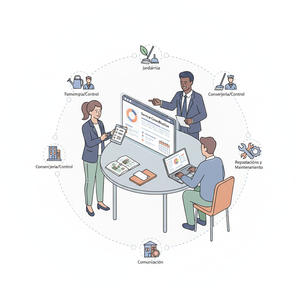 Gestión de servicios y proveedores en comunidades de propietarios, incluyendo limpieza, jardinería y reparaciones