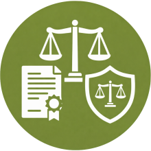 Icono de asesoramiento legal en círculo verde con dibujo blanco, representa servicios legales y normativos para comunidades de propietarios