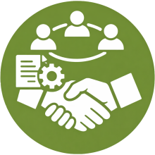 Icono de gestión de proveedores en círculo verde, dibujo blanco, representación de coordinación con proveedores para comunidades de propietarios