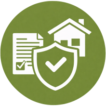 Icono de gestión de seguros en círculo verde con dibujo blanco, representa cobertura y gestión de pólizas para comunidades